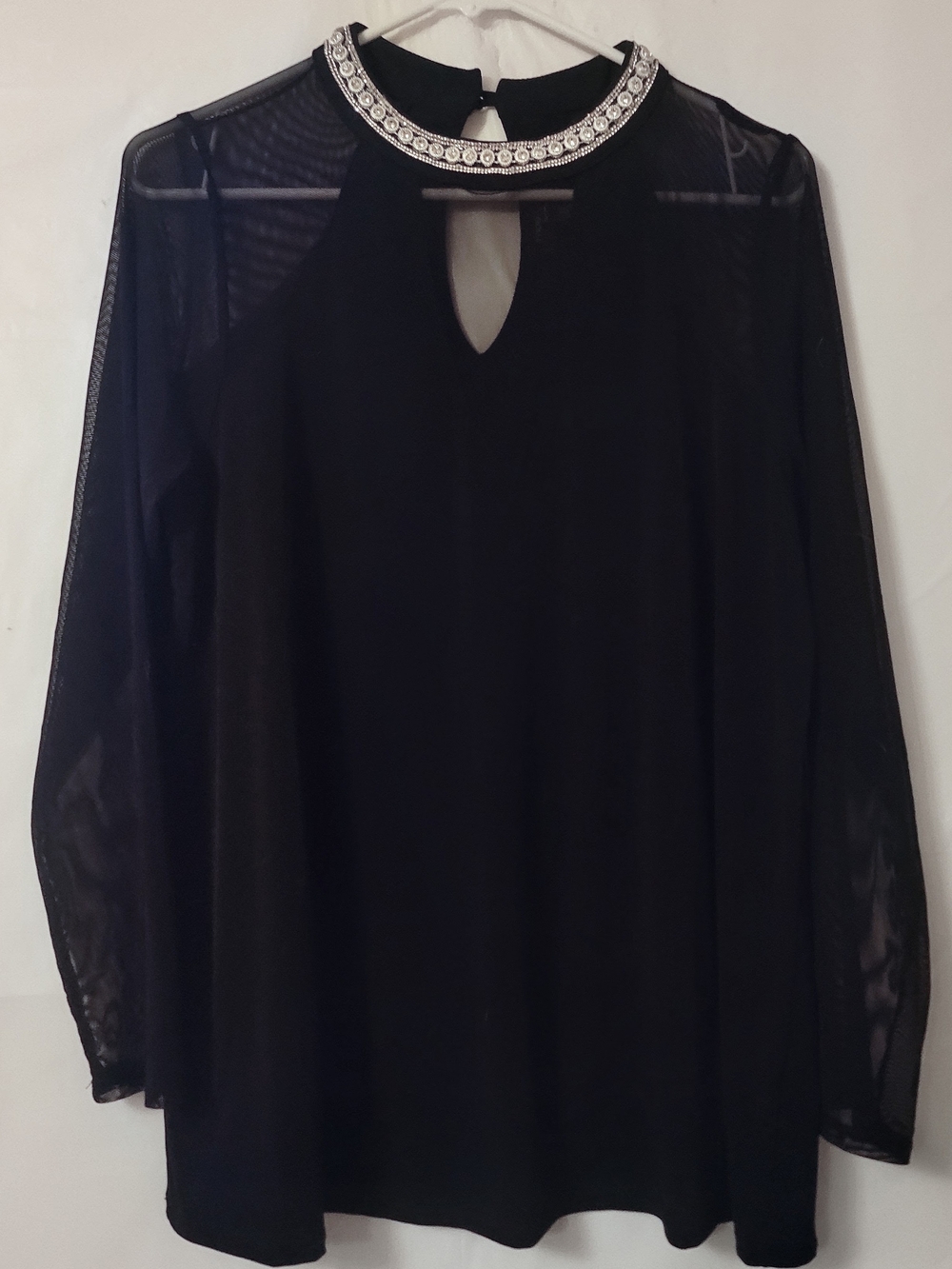 Moa Moa Black Sheer Long Sleeve Blouse with Jeweled Collar